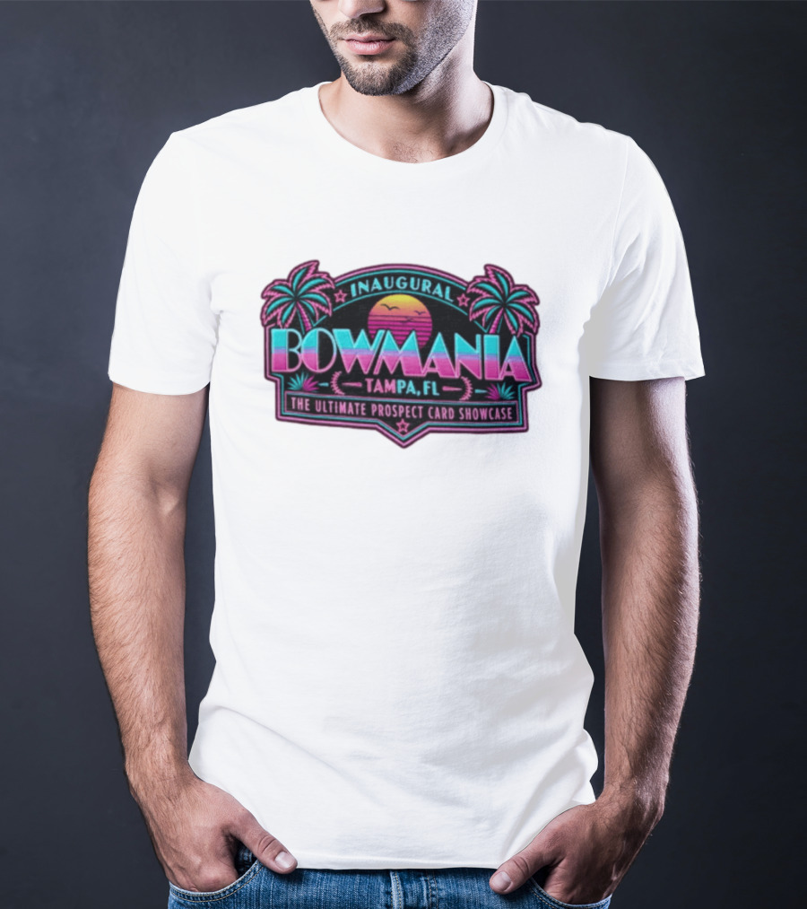 Inaugural Bowmania Tampa FL The Ultimate Prospect Card Showcase Retro Sunset Palm Trees T-Shirt