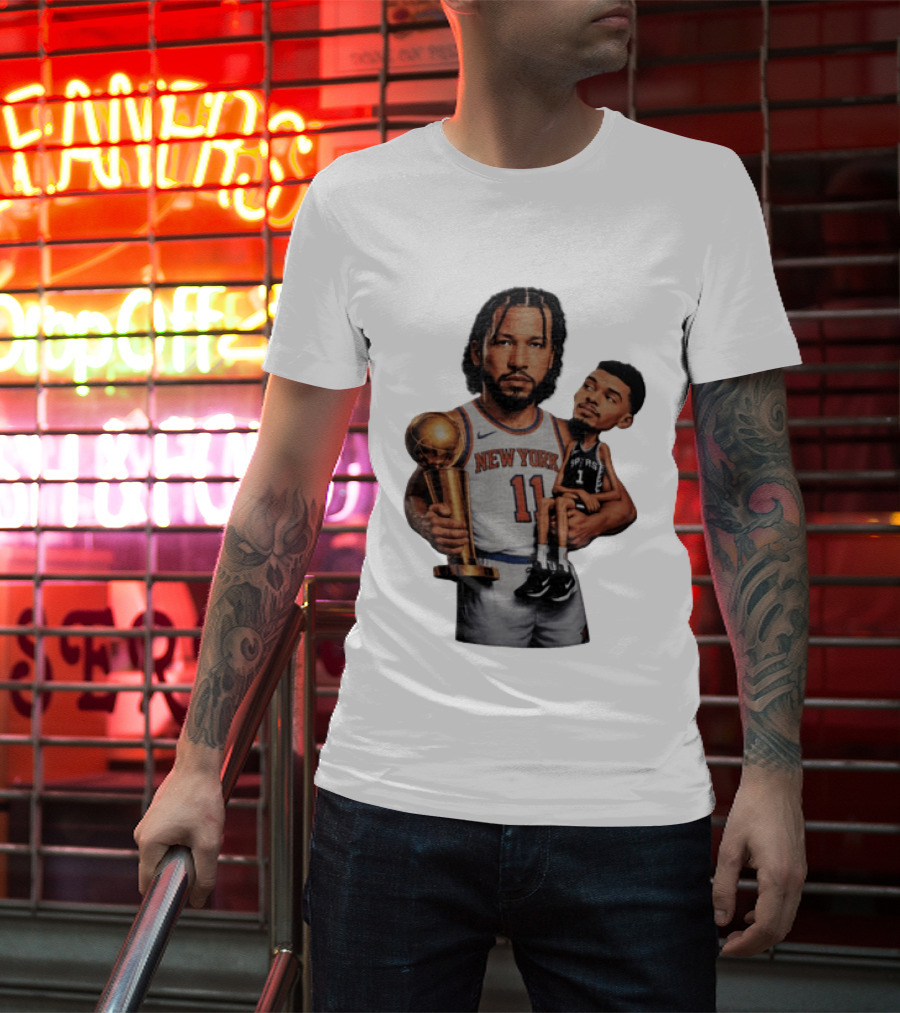 New York Knicks Jalen Brunson Embraces San Antonio Spurs Victor Wembanyama NBA Trophy T-Shirt