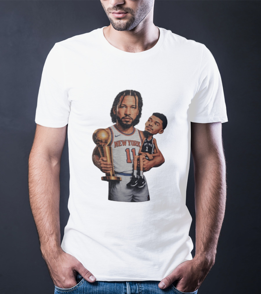 New York Knicks Jalen Brunson Embraces San Antonio Spurs Victor Wembanyama NBA Trophy T-Shirt