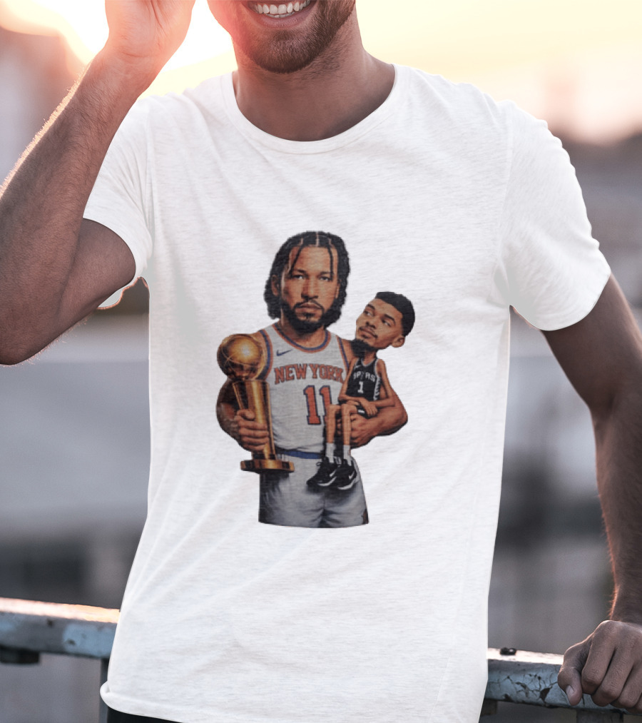 New York Knicks Jalen Brunson Embraces San Antonio Spurs Victor Wembanyama NBA Trophy T-Shirt