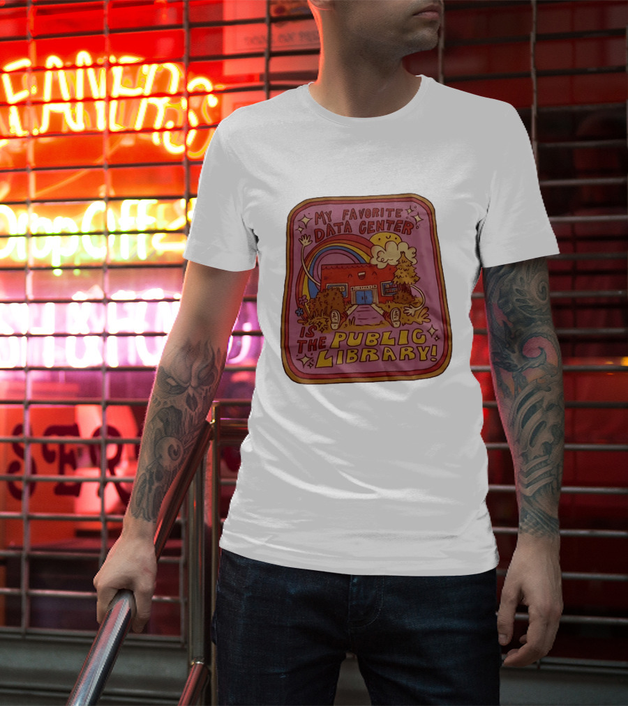 My Favorite Data Center Is The Public Library Rainbow Cartoon Library Scene T-Shirt