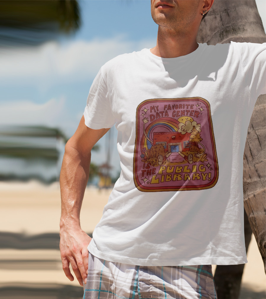 My Favorite Data Center Is The Public Library Rainbow Cartoon Library Scene T-Shirt