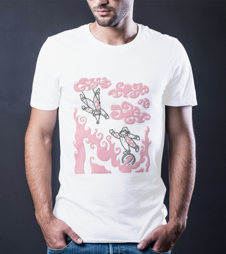 Pink Pastel Cartoon Circus Clowns Trapeze Ball Clouds Flames T-Shirt