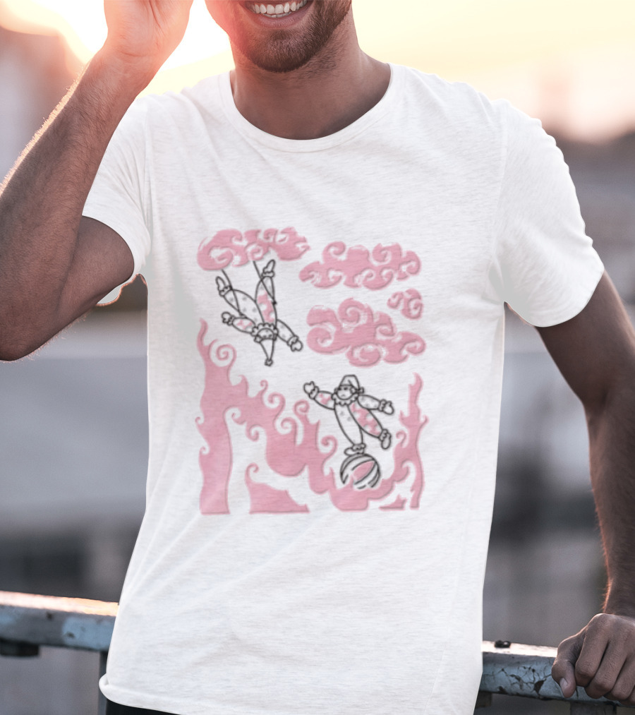 Pink Pastel Cartoon Circus Clowns Trapeze Ball Clouds Flames T-Shirt