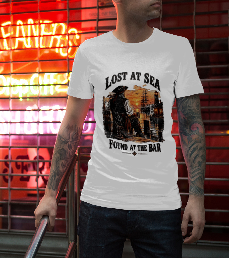 Lost At Sea Found At The Bar Pirate Sunset Tavern Lighthouse Nautical Adventure T-Shirt