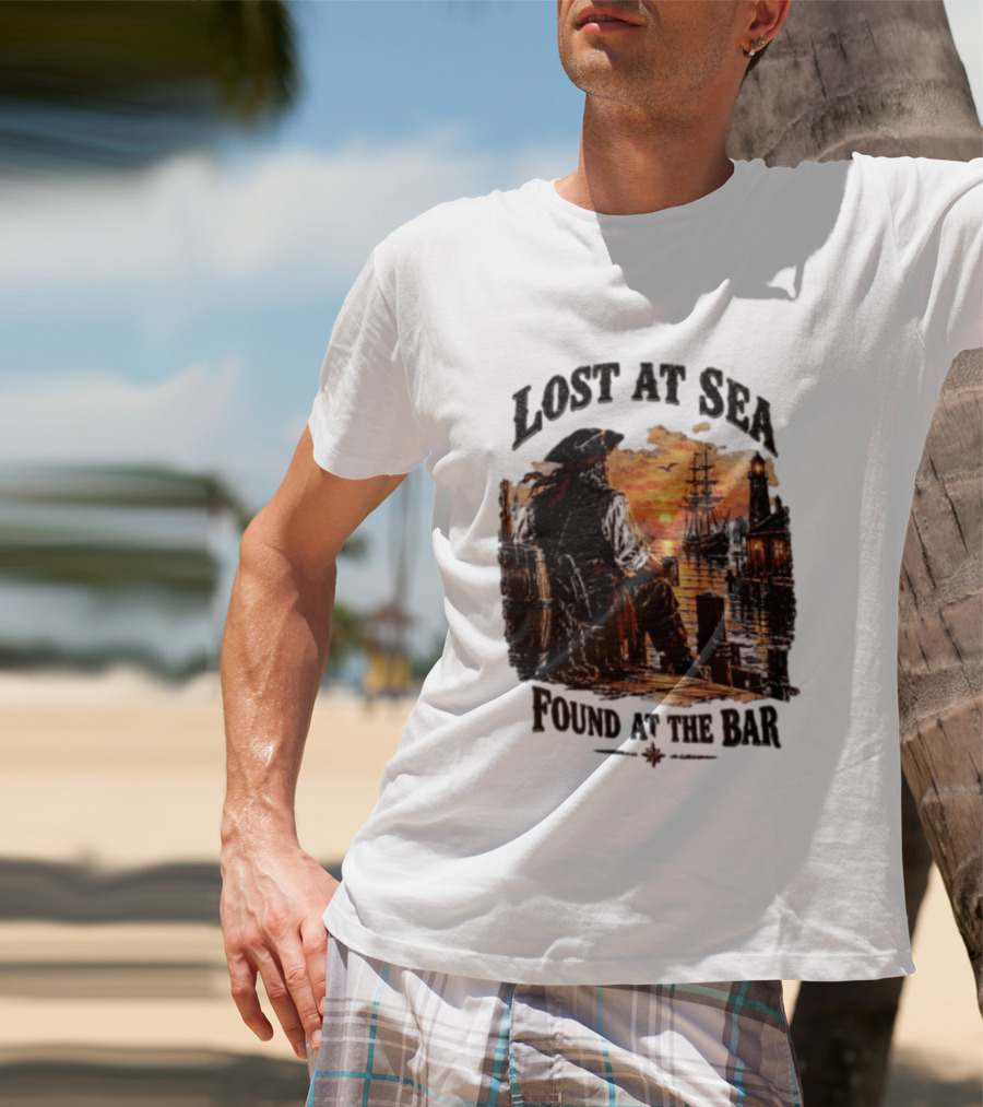 Lost At Sea Found At The Bar Pirate Sunset Tavern Lighthouse Nautical Adventure T-Shirt
