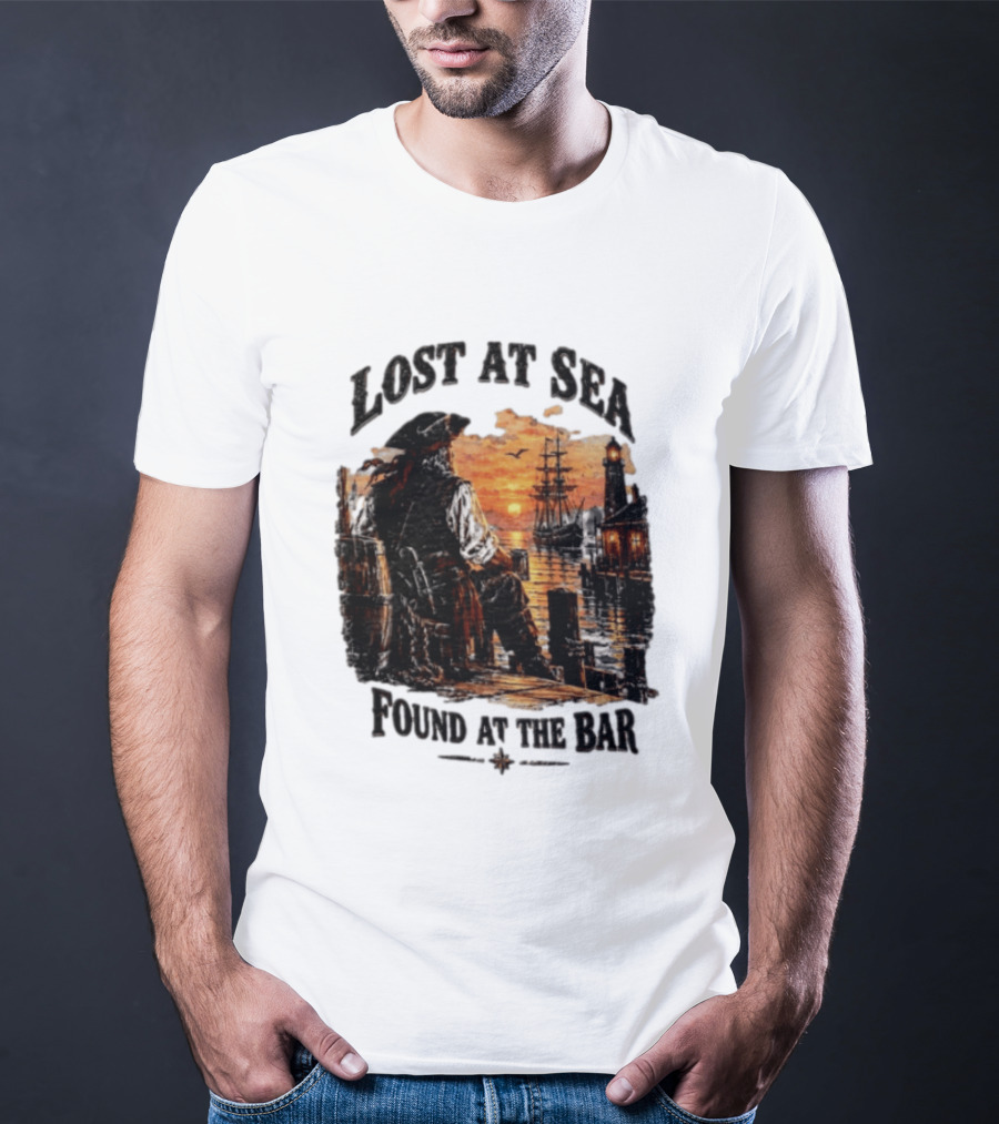 Lost At Sea Found At The Bar Pirate Sunset Tavern Lighthouse Nautical Adventure T-Shirt