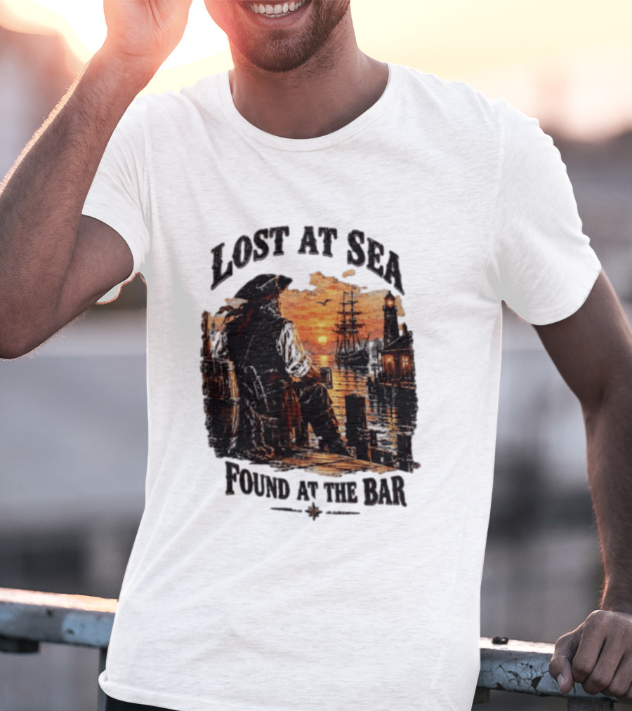 Lost At Sea Found At The Bar Pirate Sunset Tavern Lighthouse Nautical Adventure T-Shirt