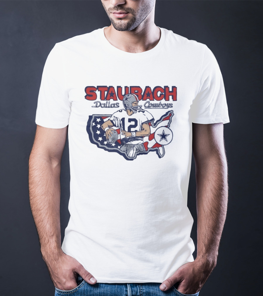 Staubach Dallas Cowboys 12 USA Map Star Helmet Football T-Shirt