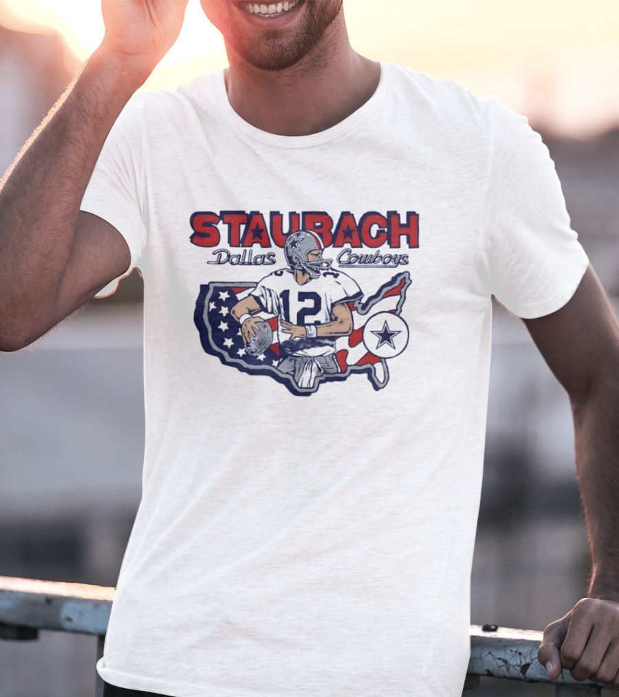 Staubach Dallas Cowboys 12 USA Map Star Helmet Football T-Shirt
