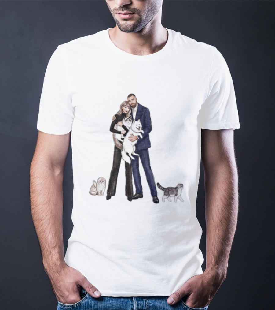Kansas City Chiefs Couple Taylor Travis Kelce With Cats And Dog T-Shirt