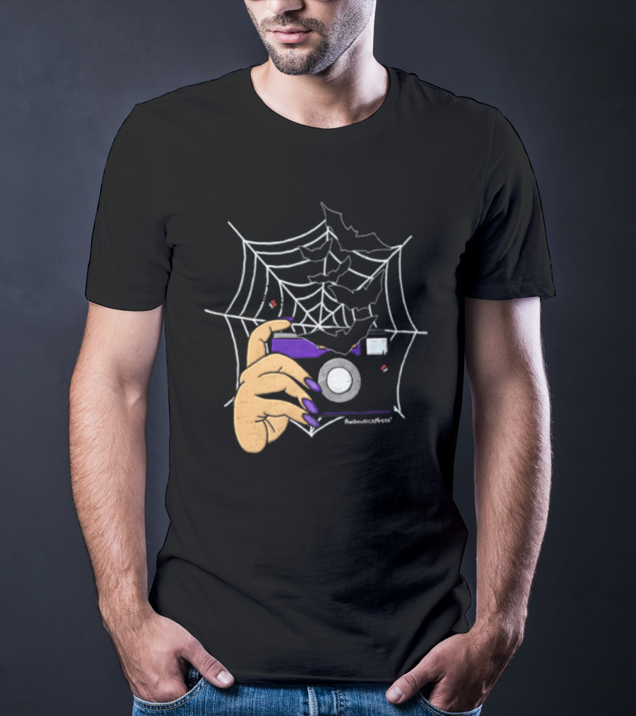 AmberNicoPhoto Camera With Bats And Spider Web Halloween T-Shirt