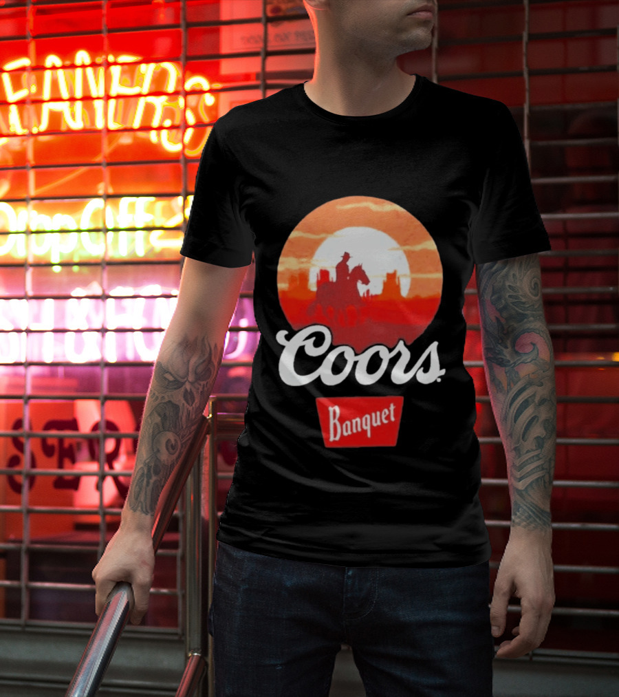 Coors Banquet Cowboy Horseback Riding At Sunset Western Scene T-Shirt