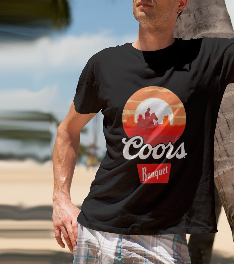 Coors Banquet Cowboy Horseback Riding At Sunset Western Scene T-Shirt