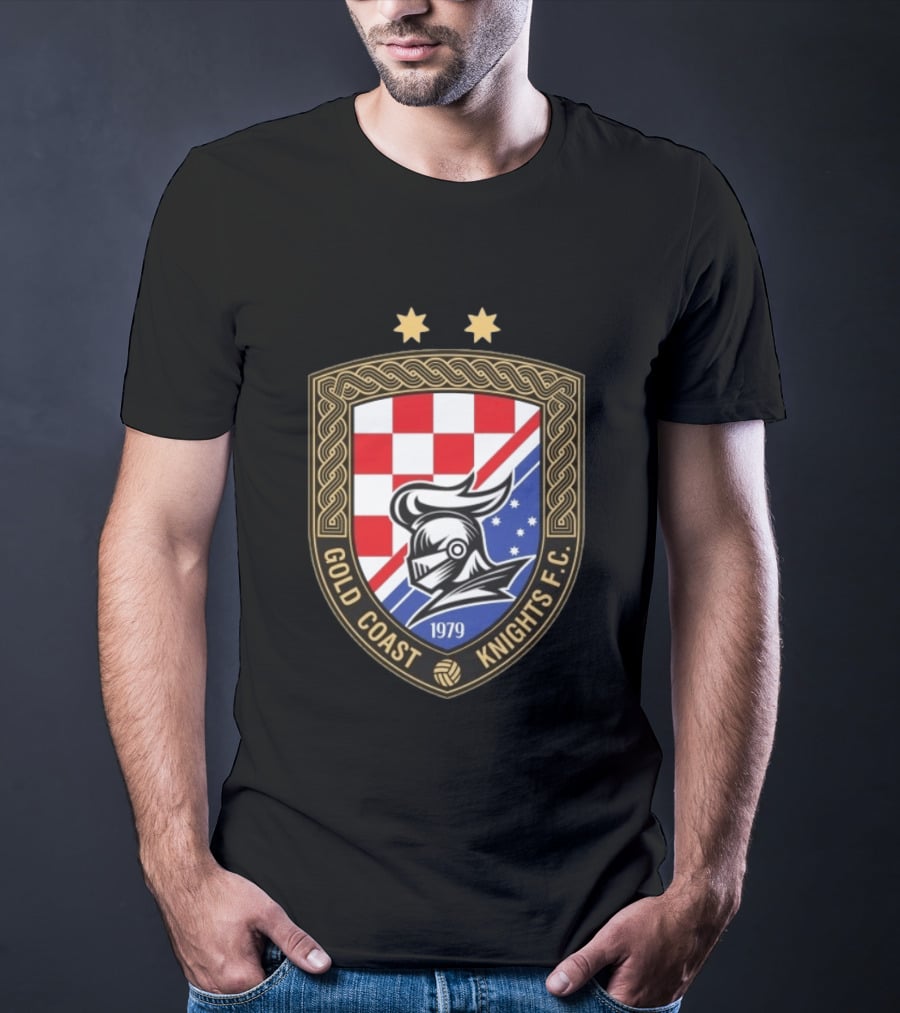 Gold Coast Knights F.C. 1979 Crest With Chessboard Pattern And Knight Helmet T-Shirt
