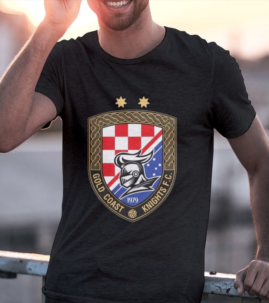 Gold Coast Knights F.C. 1979 Crest With Chessboard Pattern And Knight Helmet T-Shirt