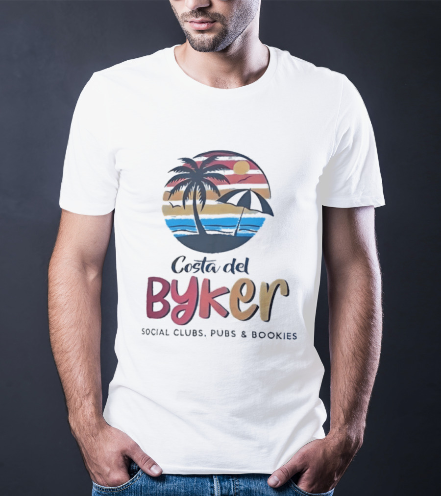 Costa Del Byker Social Clubs Pubs Bookies Palm Tree Sunset Beach Umbrella T-Shirt