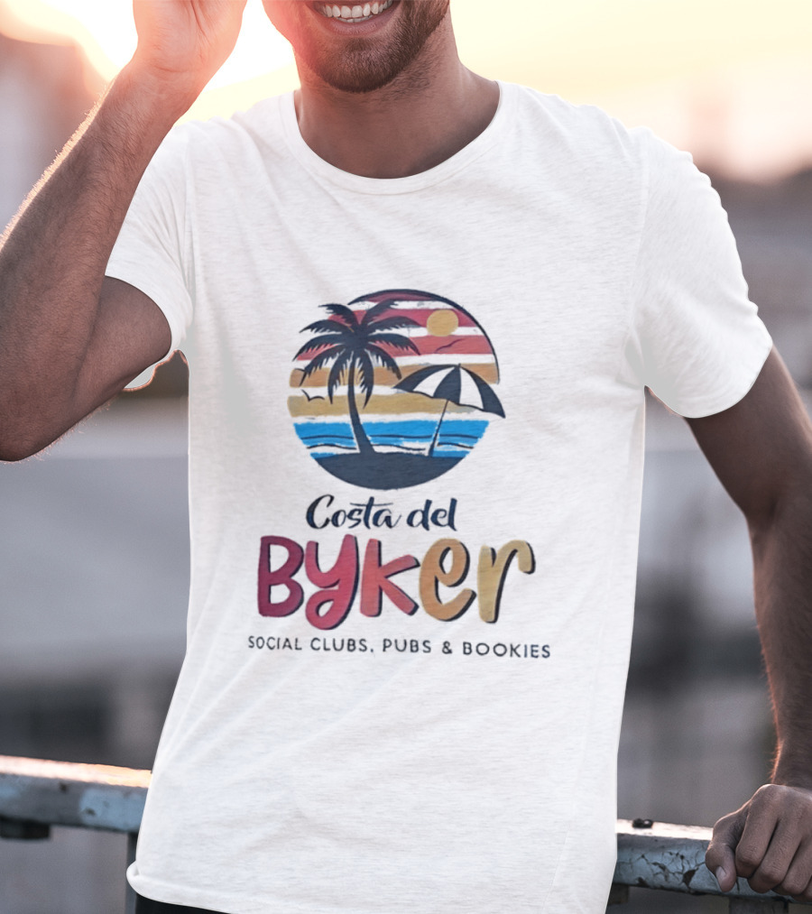 Costa Del Byker Social Clubs Pubs Bookies Palm Tree Sunset Beach Umbrella T-Shirt