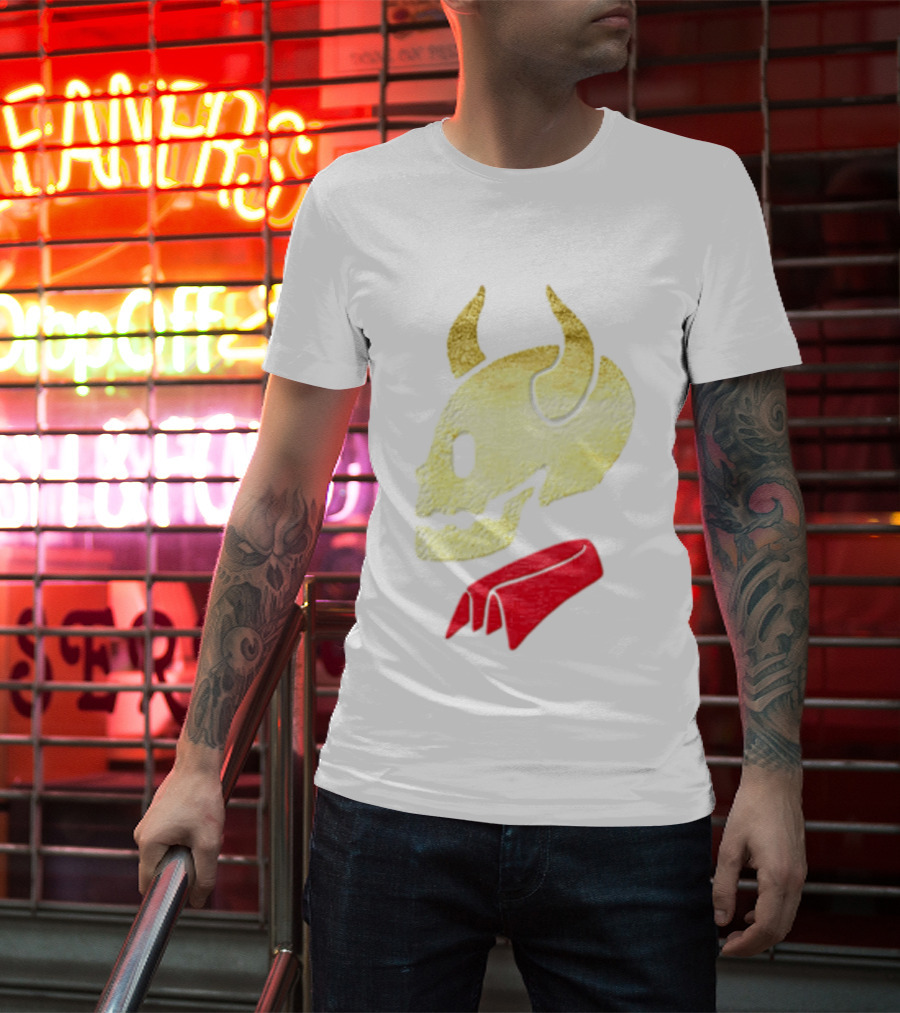 Devil Horn Skull Red Collar Gold Glitter T-Shirt