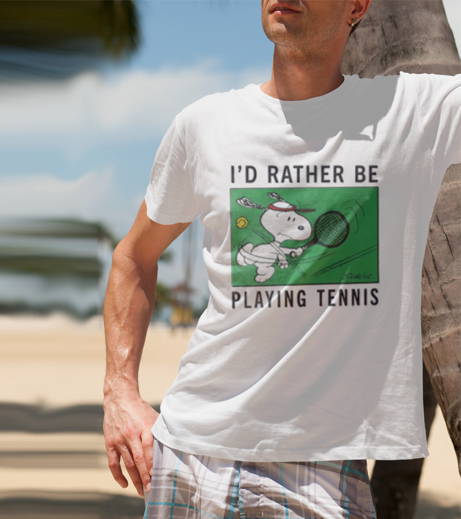 I'd Rather Be Playing Tennis Peanuts Snoopy Racquet Cartoon Green Court Schulz T-Shirt