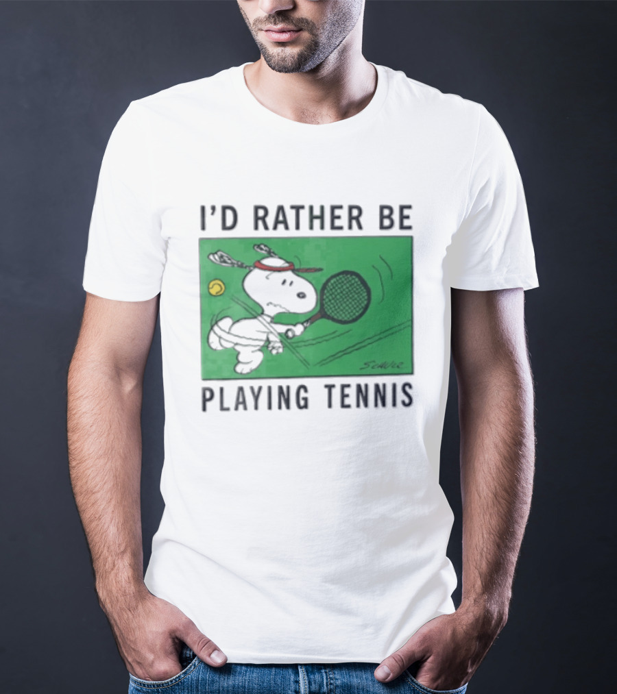 I'd Rather Be Playing Tennis Peanuts Snoopy Racquet Cartoon Green Court Schulz T-Shirt