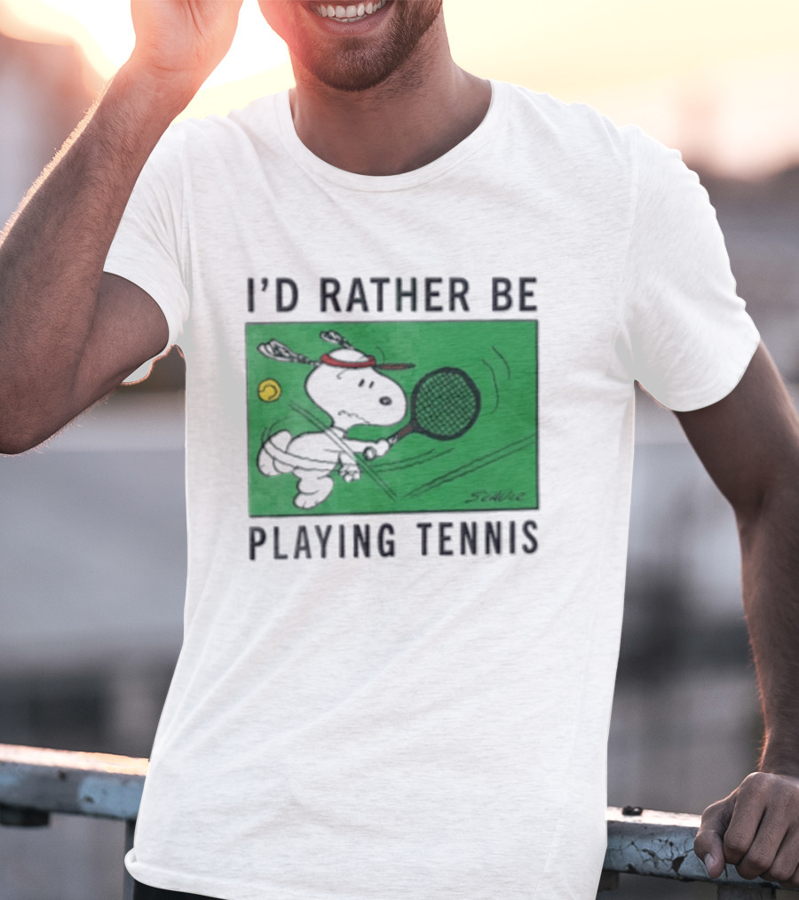 I'd Rather Be Playing Tennis Peanuts Snoopy Racquet Cartoon Green Court Schulz T-Shirt