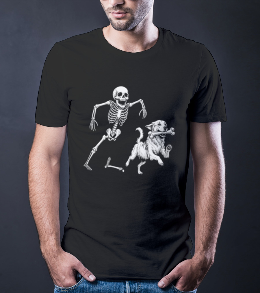Skeleton Chasing Golden Retriever With Leg Bone T-Shirt