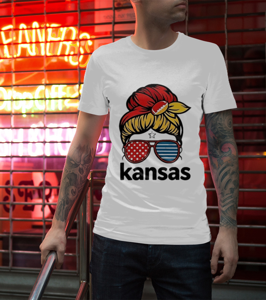 Kansas City Chiefs Royals Football Game Day Messy Bun Girl T-Shirt