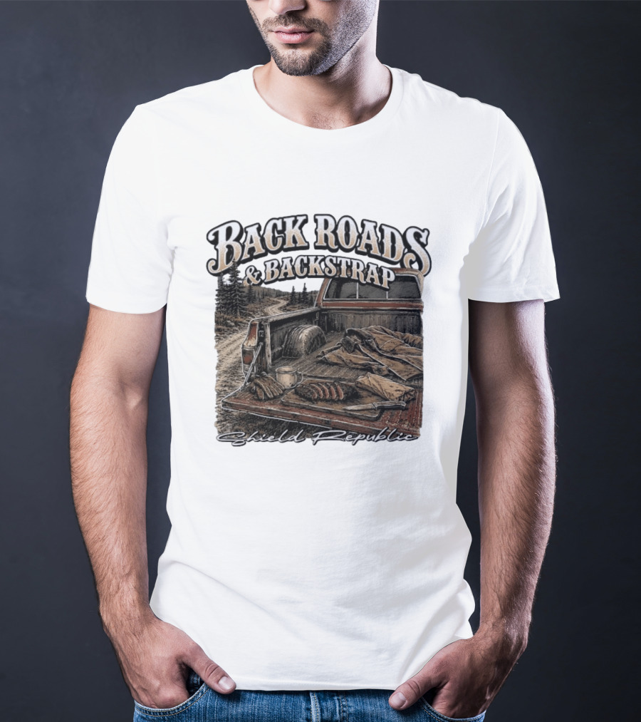 Back Roads & Backstrap Shield Republic Hunting Truck Scene T-Shirt