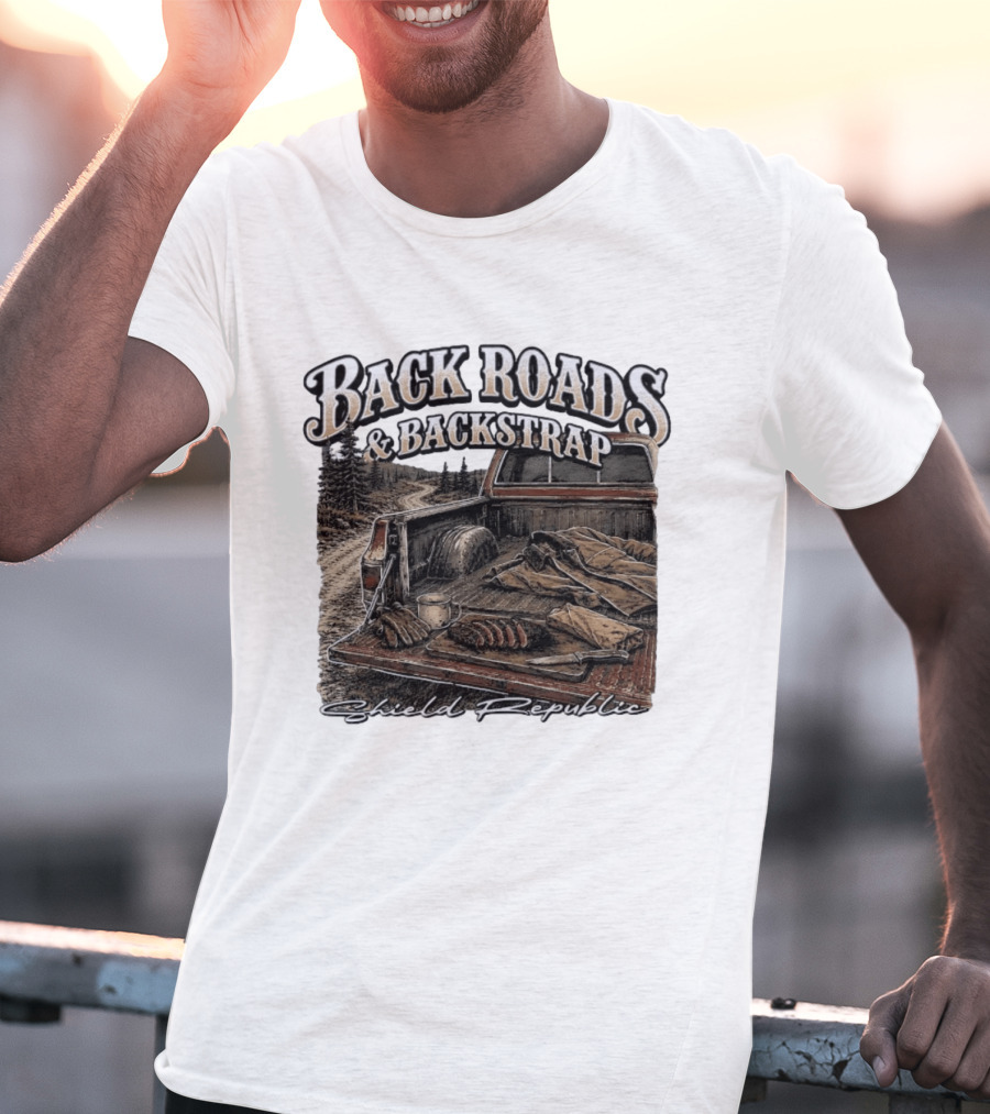 Back Roads & Backstrap Shield Republic Hunting Truck Scene T-Shirt