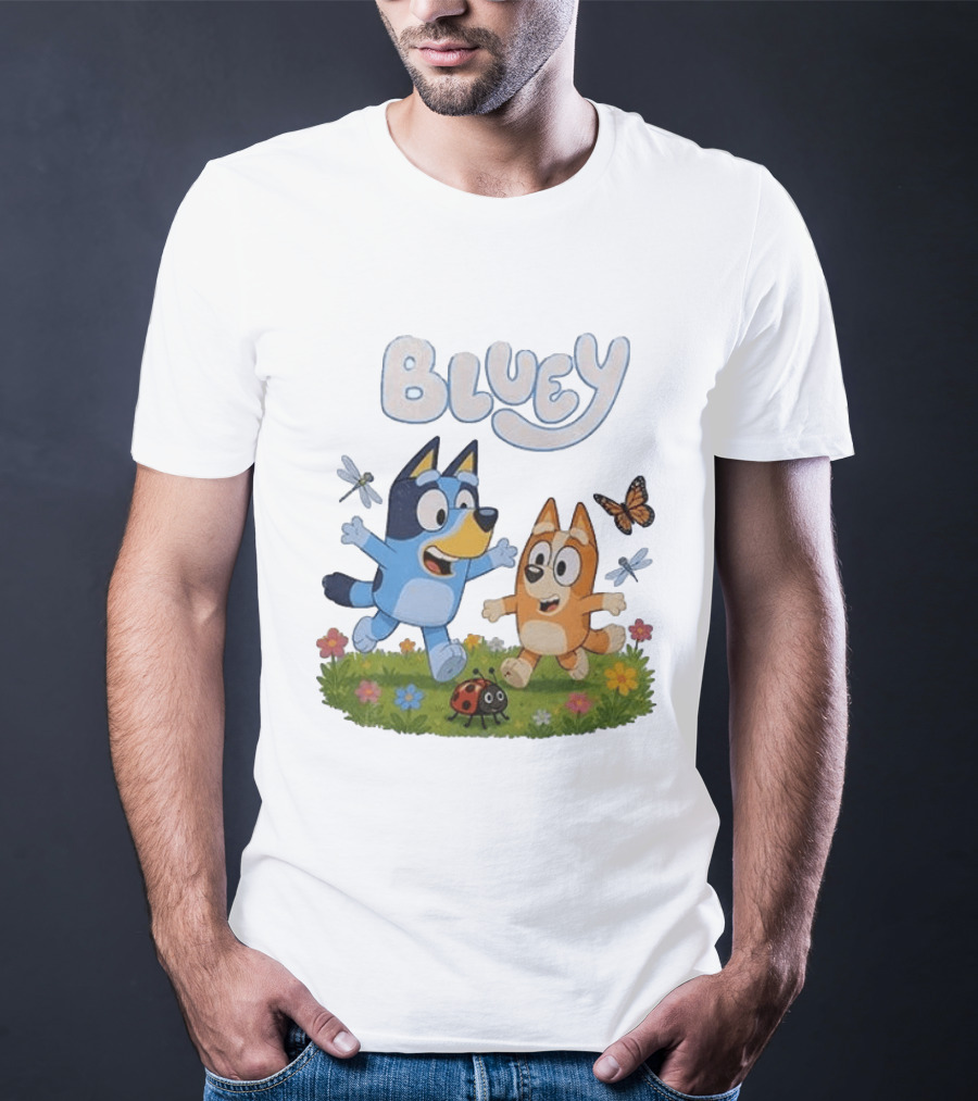 Bluey And Friends Playing With Bugs And Butterflies In The Meadow T-Shirt