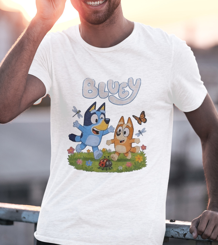 Bluey And Friends Playing With Bugs And Butterflies In The Meadow T-Shirt
