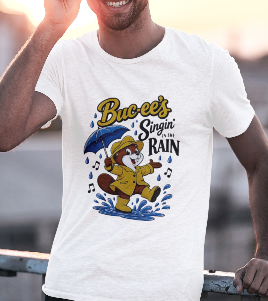 Buc Ee's Singin In The Rain Umbrella Beaver Cheerful Splash T-Shirt