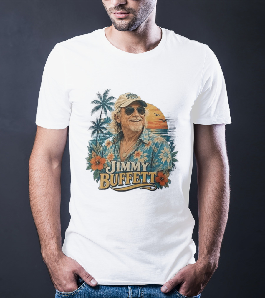 Jimmy Buffett Tropical Vibes Sunset And Palm Trees Floral T-Shirt