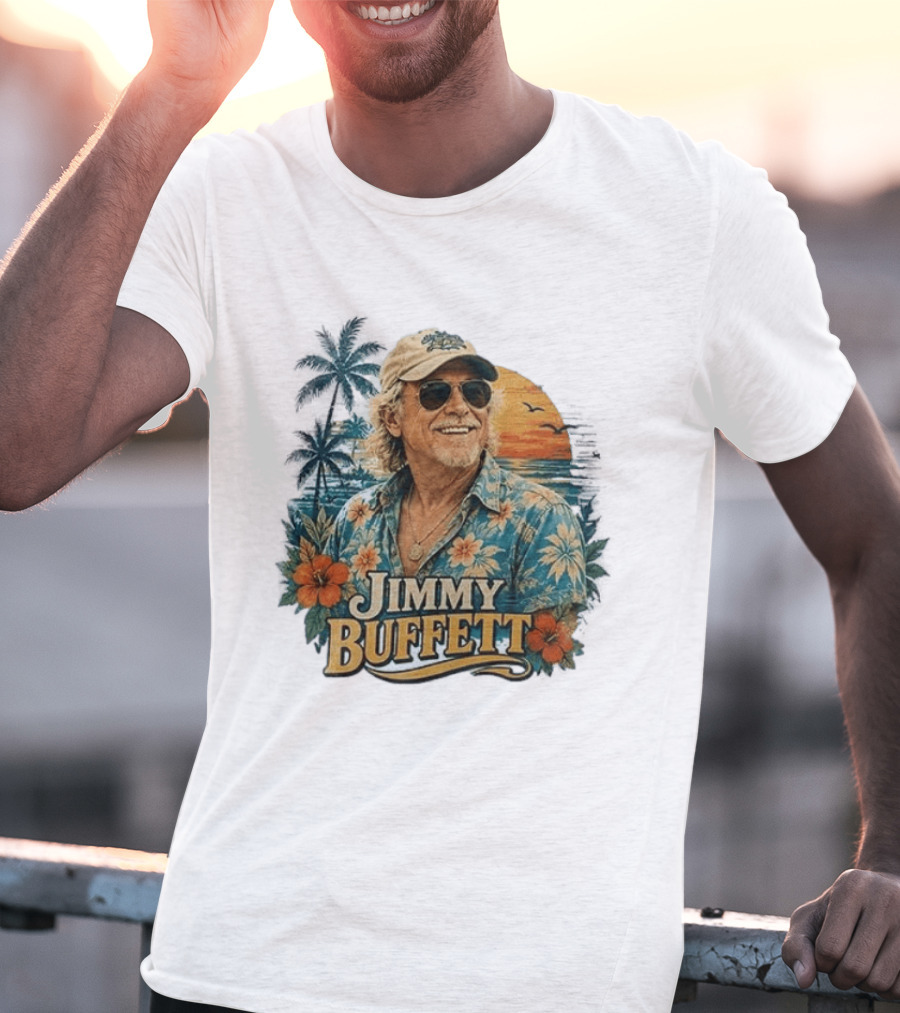 Jimmy Buffett Tropical Vibes Sunset And Palm Trees Floral T-Shirt