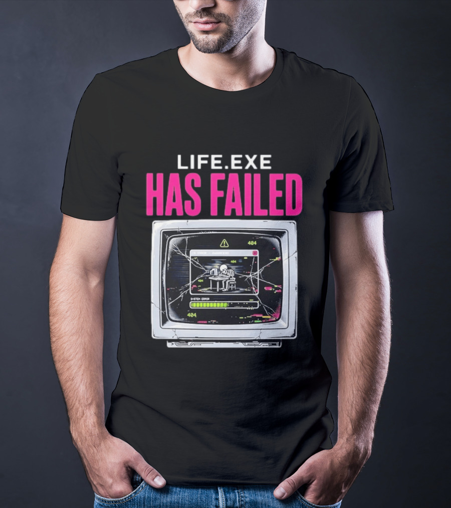 Lifeexe Has Failed System Error 404 Skeleton Computer Retro Monitor T-Shirt