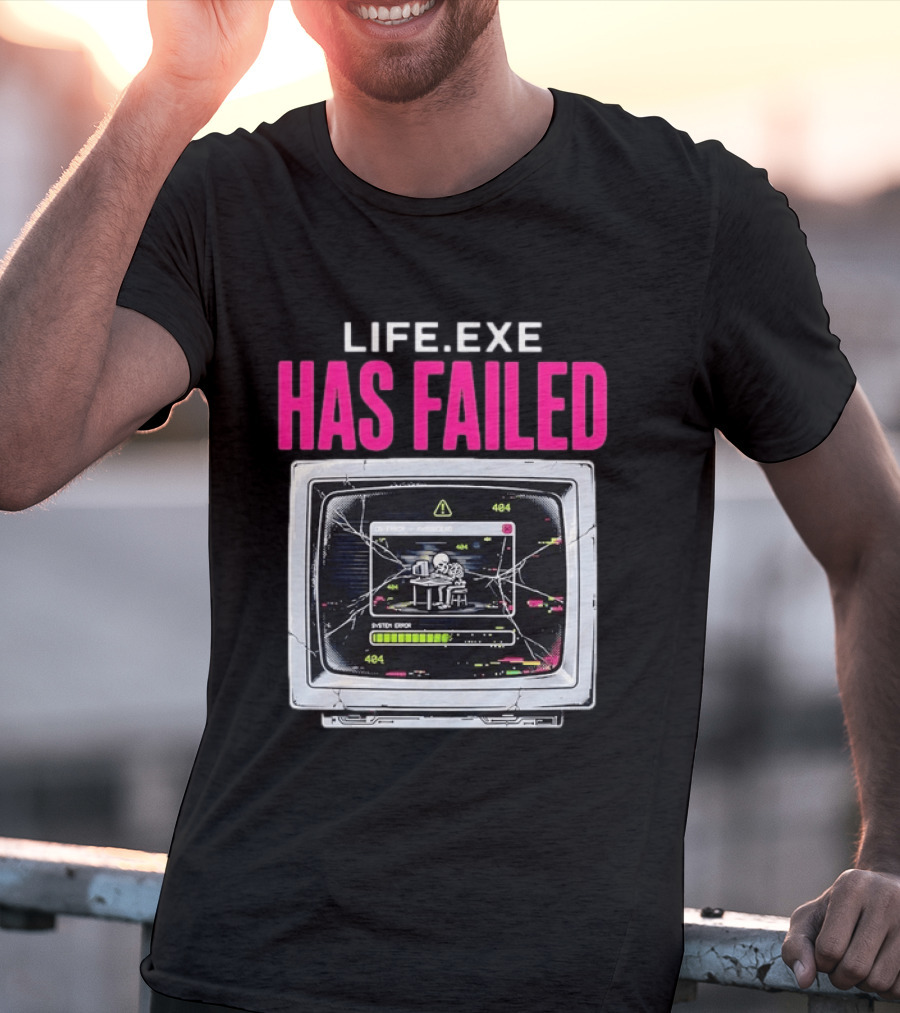 Lifeexe Has Failed System Error 404 Skeleton Computer Retro Monitor T-Shirt