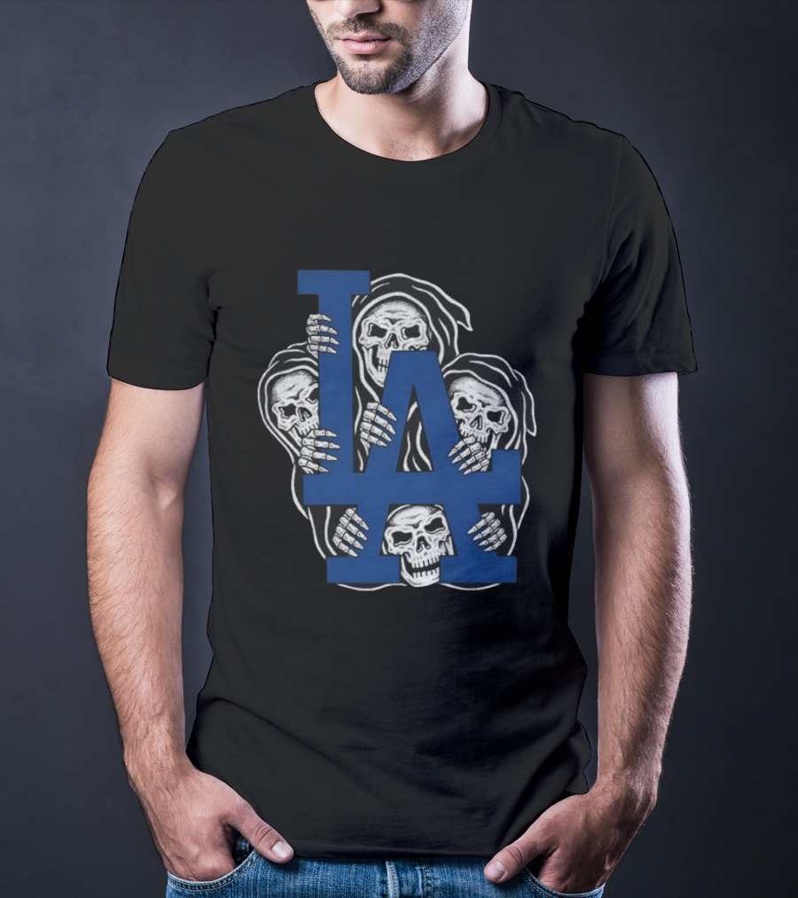 Skeletons Behind LA Dodgers Blue T-Shirt