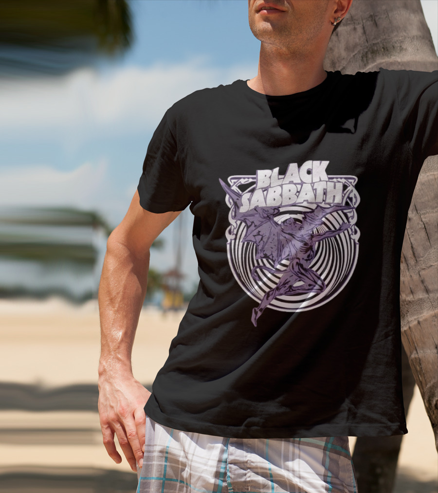 Black Sabbath Flying Devil With Striped Background Iconic Heavy Metal T-Shirt
