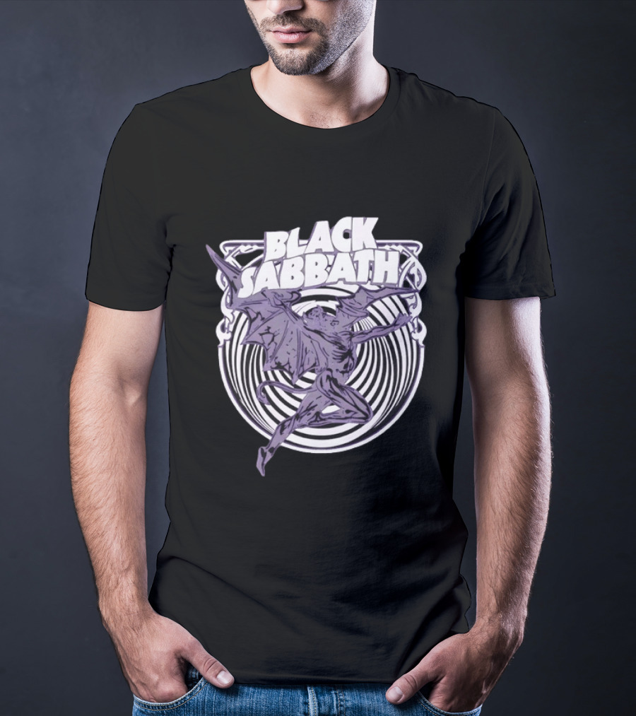 Black Sabbath Flying Devil With Striped Background Iconic Heavy Metal T-Shirt