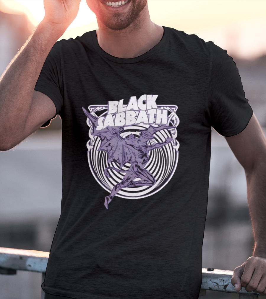 Black Sabbath Flying Devil With Striped Background Iconic Heavy Metal T-Shirt