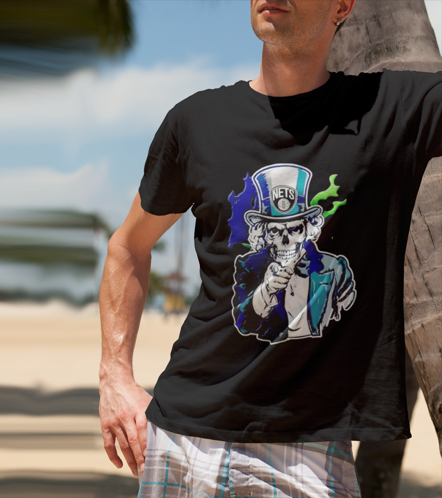 Brooklyn Nets Skeleton Uncle Sam Top Hat Pointing Stripes T-Shirt