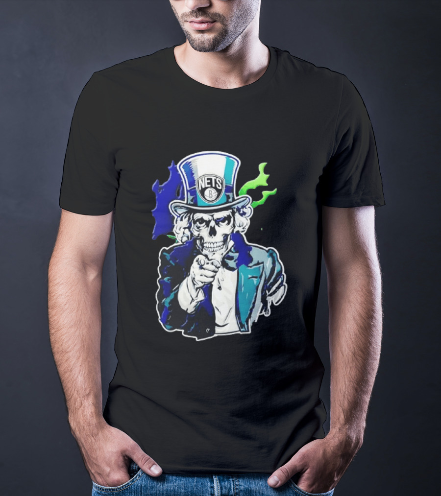 Brooklyn Nets Skeleton Uncle Sam Top Hat Pointing Stripes T-Shirt