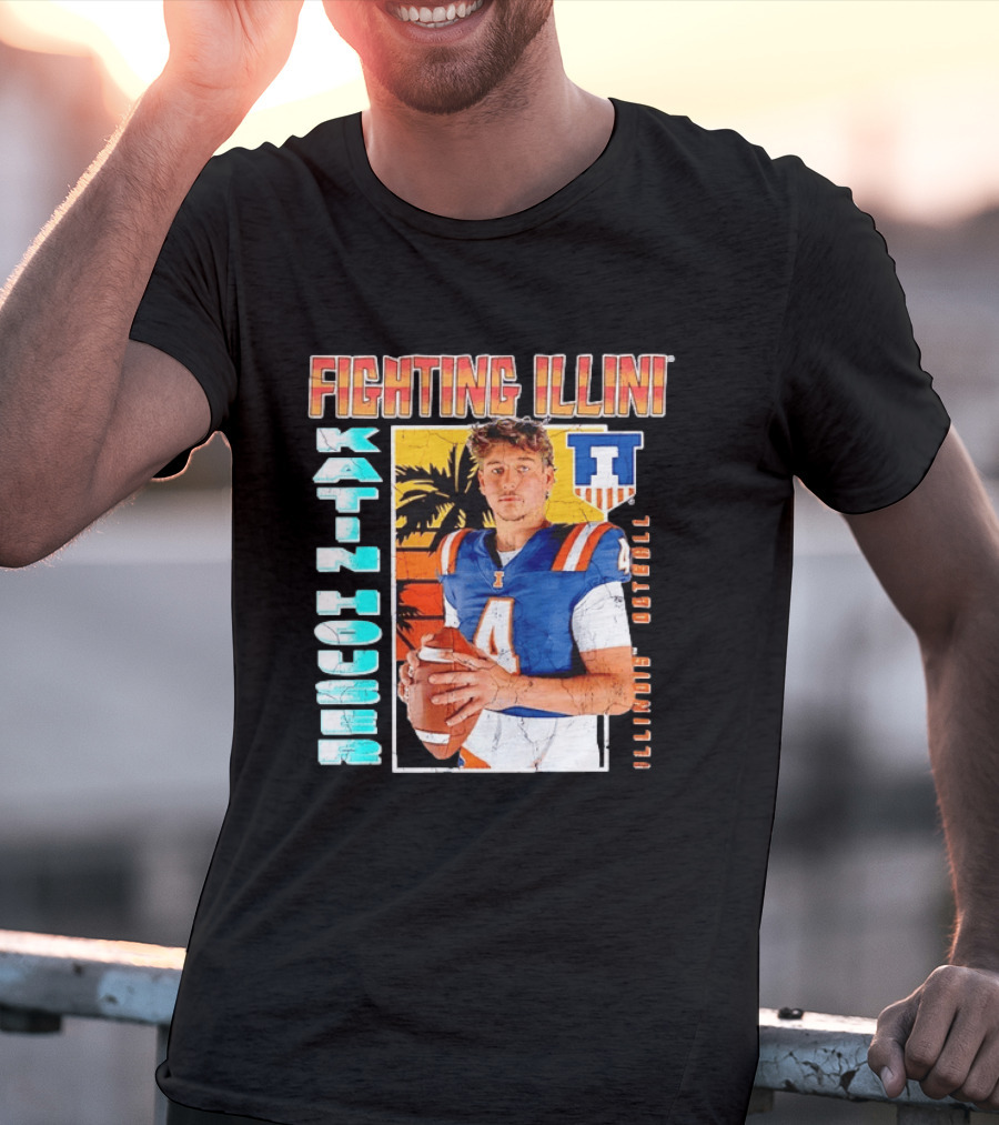 Fighting Illini Katin Houser Illinois Football Distressed Palm Tree T-Shirt
