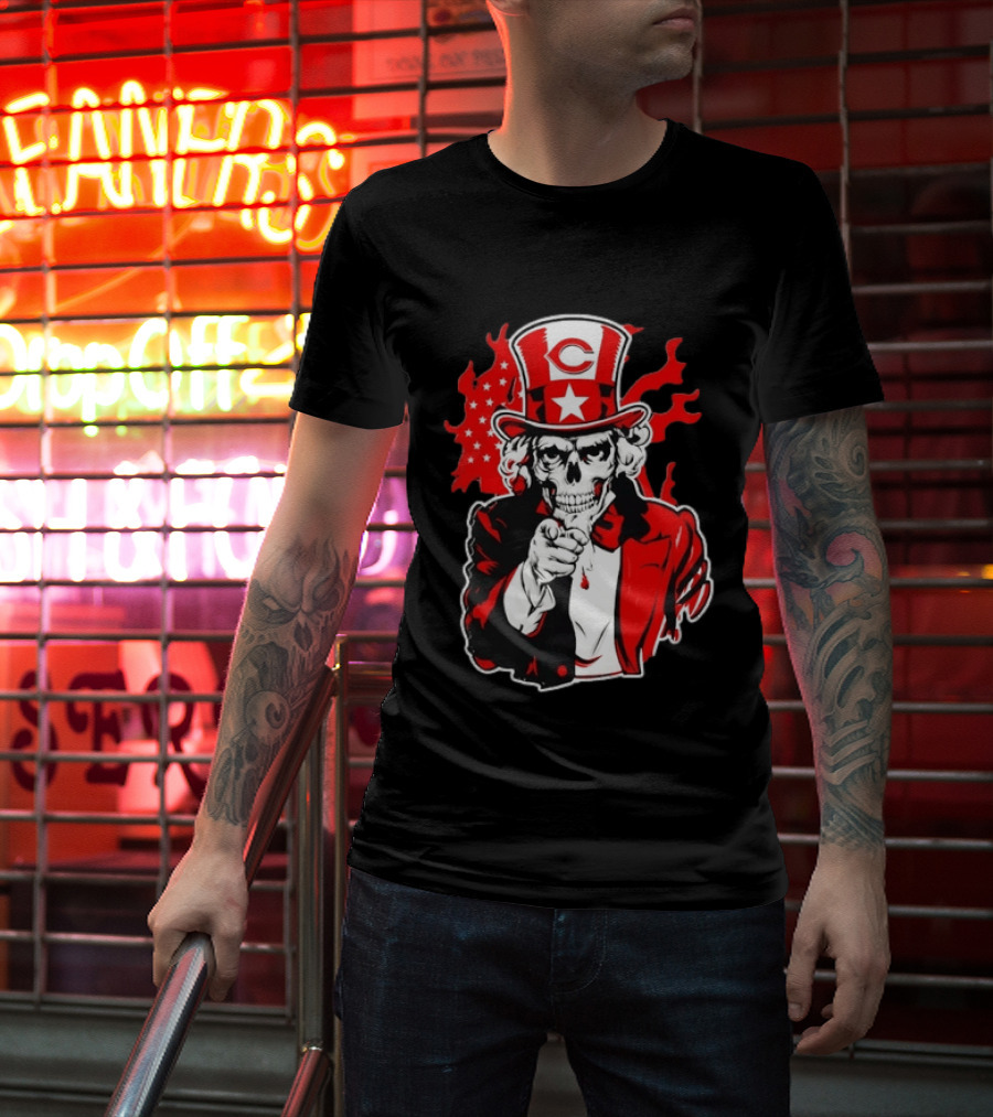 Cincinnati Reds Skeleton Uncle Sam Pointing US Flag Flames T-Shirt