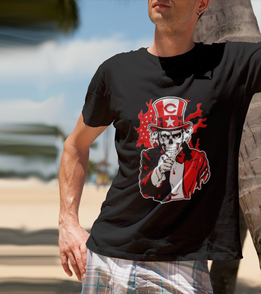 Cincinnati Reds Skeleton Uncle Sam Pointing US Flag Flames T-Shirt