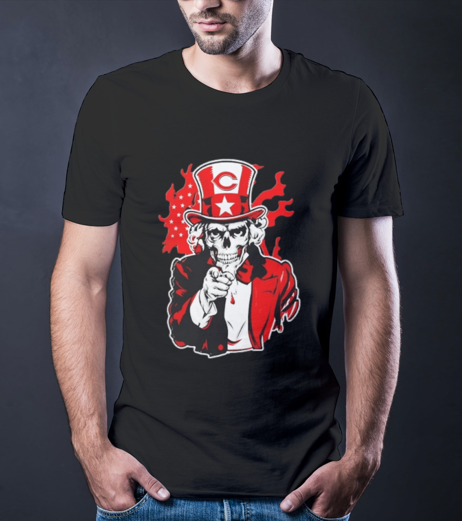 Cincinnati Reds Skeleton Uncle Sam Pointing US Flag Flames T-Shirt