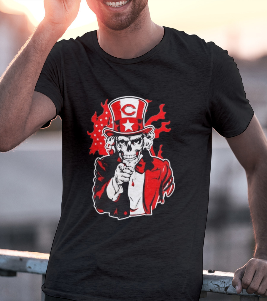 Cincinnati Reds Skeleton Uncle Sam Pointing US Flag Flames T-Shirt