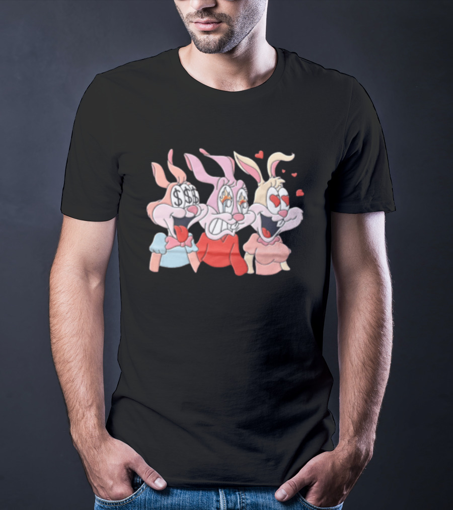 Three Cartoon Female Rabbits Dollar Signs Fire Heart Eyes Expressions T-Shirt