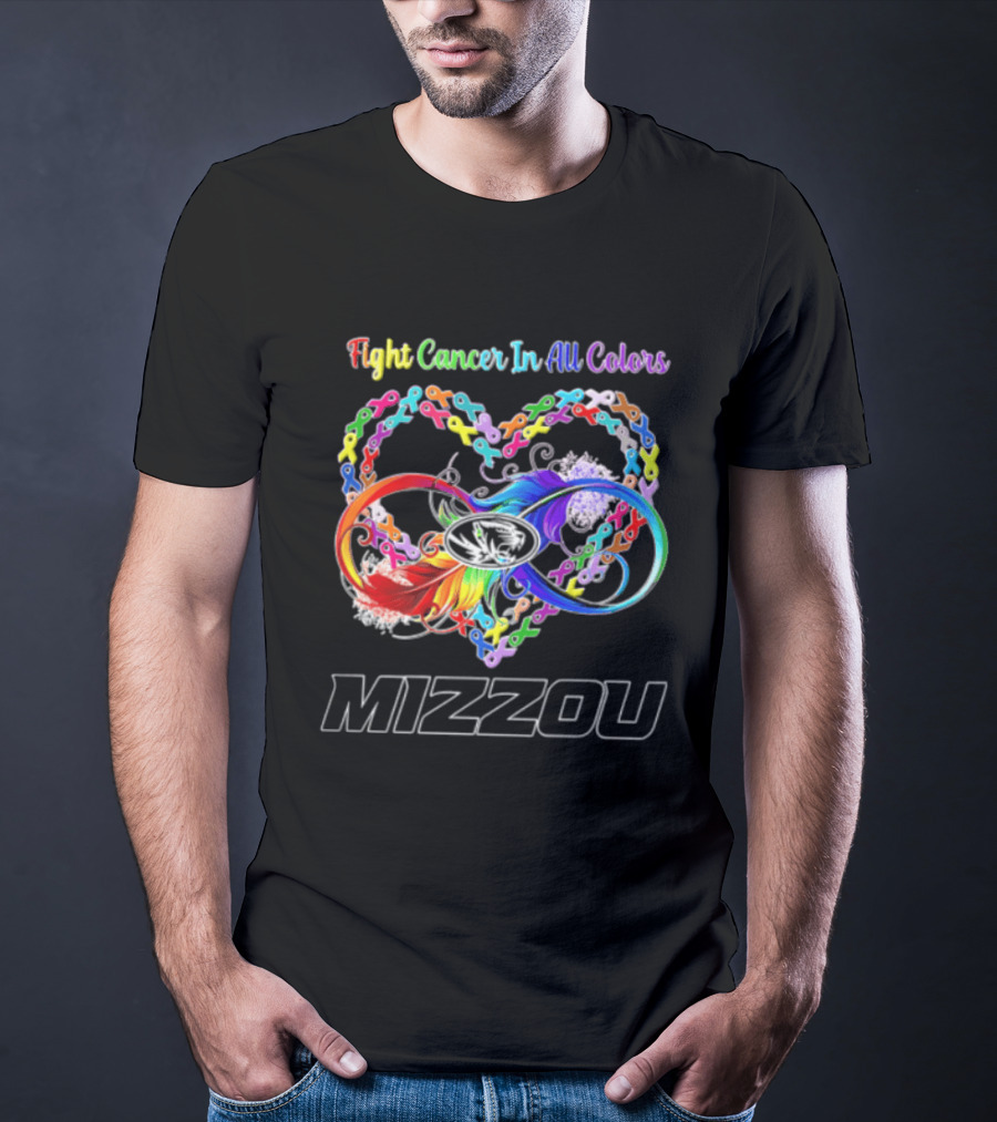 Mizzou Fight Cancer In All Colors Heart Infinity Ribbon Rainbow Feather T-Shirt